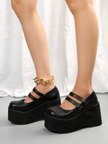 女式極簡坡跟瑪麗珍鞋，優雅坡跟鞋黑色