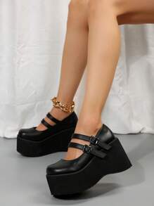 女式極簡坡跟瑪麗珍鞋，優雅坡跟鞋黑色