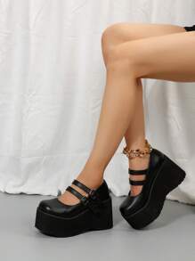 女式極簡坡跟瑪麗珍鞋，優雅坡跟鞋黑色