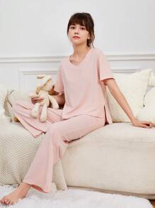 SHEIN Teen Girl Solid Split Hem PJ Set - Baby Pink - View 1