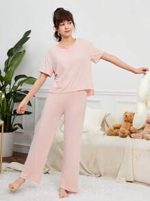SHEIN Teen Girl Solid Split Hem PJ Set - Baby Pink - View 3