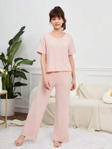 SHEIN Teen Girl Solid Split Hem PJ Set - Baby Pink - View 5