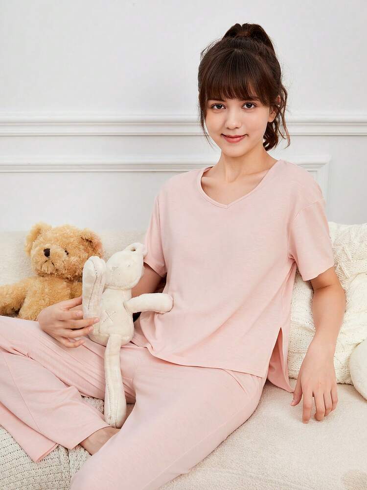 Teen Girl Solid Split Hem PJ Set