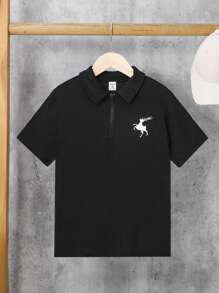 SHEIN 男孩鹿圖案休閒半拉鏈POLO衫適用於舒適 - 黑色 - 查看 1