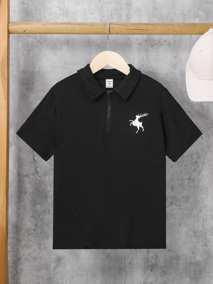 SHEIN 男孩鹿圖案休閒半拉鏈POLO衫適用於舒適 - 黑色 - 查看 1