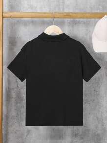 SHEIN 男孩鹿圖案休閒半拉鏈POLO衫適用於舒適 - 黑色 - 查看 2