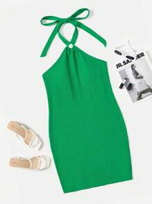 Dreamara Plus Ring Linked Tie Backless Halter Neck Bodycon Dress - Green - View 2