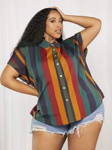 SHEIN CURVE+ 大碼條紋印花蝙蝠袖襯衫 - 彩色 - 查看 1