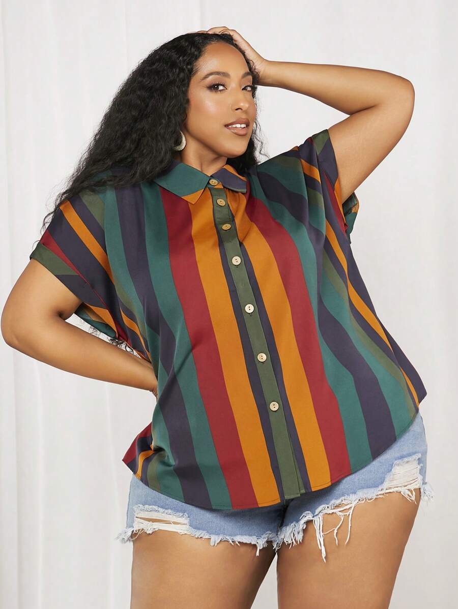 SHEIN CURVE+ 大碼條紋印花蝙蝠袖襯衫 - 彩色 - 查看 1