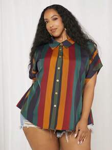 SHEIN CURVE+ 大碼條紋印花蝙蝠袖襯衫 - 彩色 - 查看 5