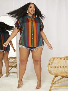 SHEIN CURVE+ 大碼條紋印花蝙蝠袖襯衫 - 彩色 - 查看 6