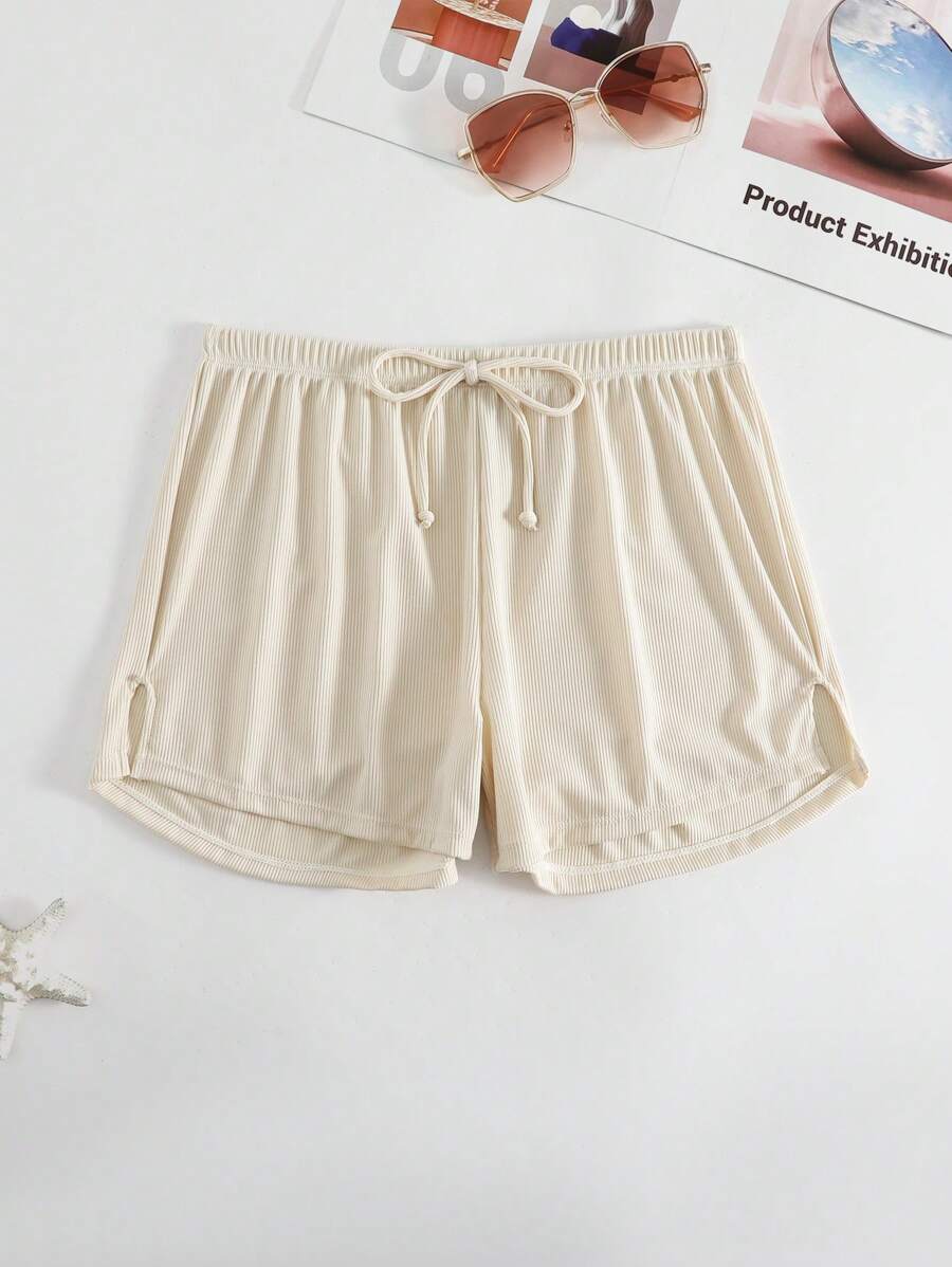 SHEIN Swim Đáy Bikini Nữ Thắt nơ trước màu trơn - Màu be - Xem 1