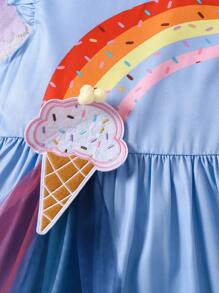 SHEIN 年輕女孩彩虹印花荷葉邊連衣裙