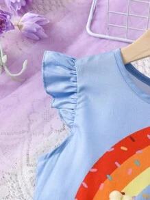 SHEIN 年輕女孩彩虹印花荷葉邊連衣裙