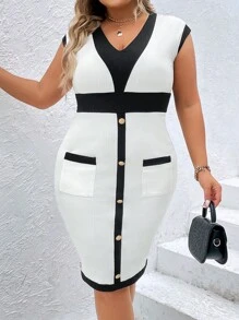 SHEIN Privé Plus Contrast Trim Button Front Bodycon Dress