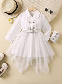 Đầm bé gái Bất đối xứng Tương phản Mesh Nút đôi màu trơn Giải trí - trắng - Xem 1