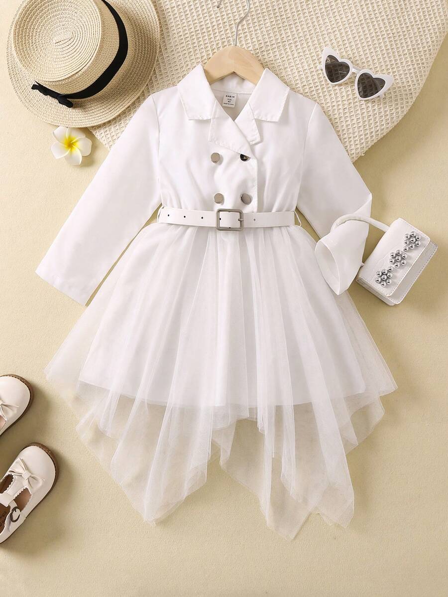 Đầm bé gái Bất đối xứng Tương phản Mesh Nút đôi màu trơn Giải trí - trắng - Xem 1