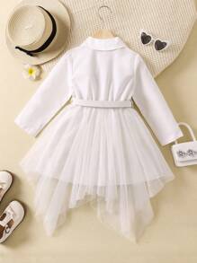 Đầm bé gái Bất đối xứng Tương phản Mesh Nút đôi màu trơn Giải trí - trắng - Xem 2