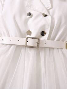 Đầm bé gái Bất đối xứng Tương phản Mesh Nút đôi màu trơn Giải trí - trắng - Xem 3