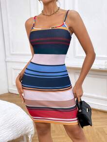 SHEIN Privé 條紋印花吊帶緊身連衣裙 - 彩色 - 查看 3