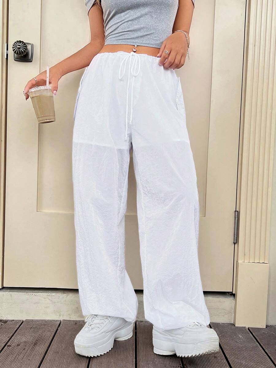 SHEIN ICON Drawstring Waist Wide Leg Pants - White - View 1