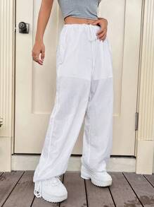 SHEIN ICON Drawstring Waist Wide Leg Pants - White - View 3