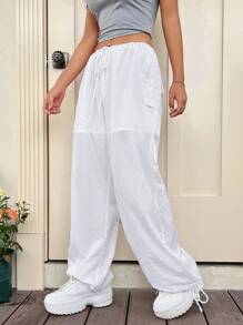 SHEIN ICON Drawstring Waist Wide Leg Pants - White - View 4