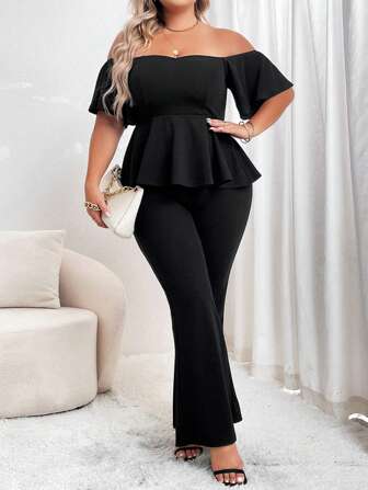 SHEIN Privé Plus Off Shoulder Peplum Top & Flare Leg Trousers