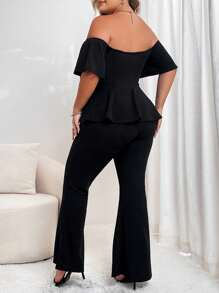 SHEIN Privé de hombros descubiertos Top peplum & Pantalones acampanados - Negro - Ver 6