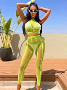 Swim SXY Summer Beach Hollow Out Fishnet Crop Halter Top & Crochet Pants Without Bikini Set - Lime Green - View 4