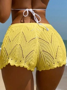 Swim Vcay Women's Solid Color Lace-Up Knit Hollow Out Casual Shorts & Cover-Up