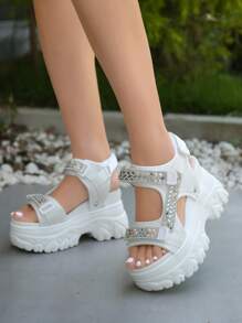 Women Rhinestone Decor Hook-and-loop Fastener Sport Sandals, Ankle Strap Sporty Sandals - White - View 1