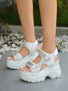 Women Rhinestone Decor Hook-and-loop Fastener Sport Sandals, Ankle Strap Sporty Sandals - White - View 2