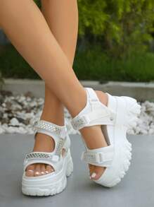 Women Rhinestone Decor Hook-and-loop Fastener Sport Sandals, Ankle Strap Sporty Sandals - White - View 5