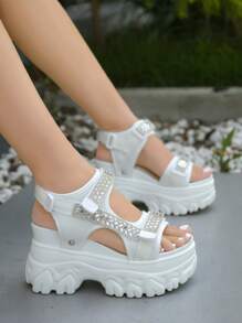 Women Rhinestone Decor Hook-and-loop Fastener Sport Sandals, Ankle Strap Sporty Sandals - White - View 6