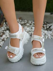 Women Rhinestone Decor Hook-and-loop Fastener Sport Sandals, Ankle Strap Sporty Sandals - White - View 7