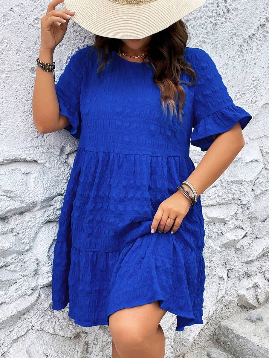SHEIN LUNE Vestido smock de manga con volante bajo con fruncido - azul real - Ver 1