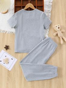 青少年女孩灰色極簡主義英文字母刺繡長褲短袖頂部休閒睡衣套裝