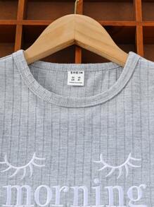 青少年女孩灰色極簡主義英文字母刺繡長褲短袖頂部休閒睡衣套裝