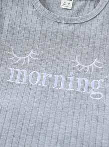 青少年女孩灰色極簡主義英文字母刺繡長褲短袖頂部休閒睡衣套裝