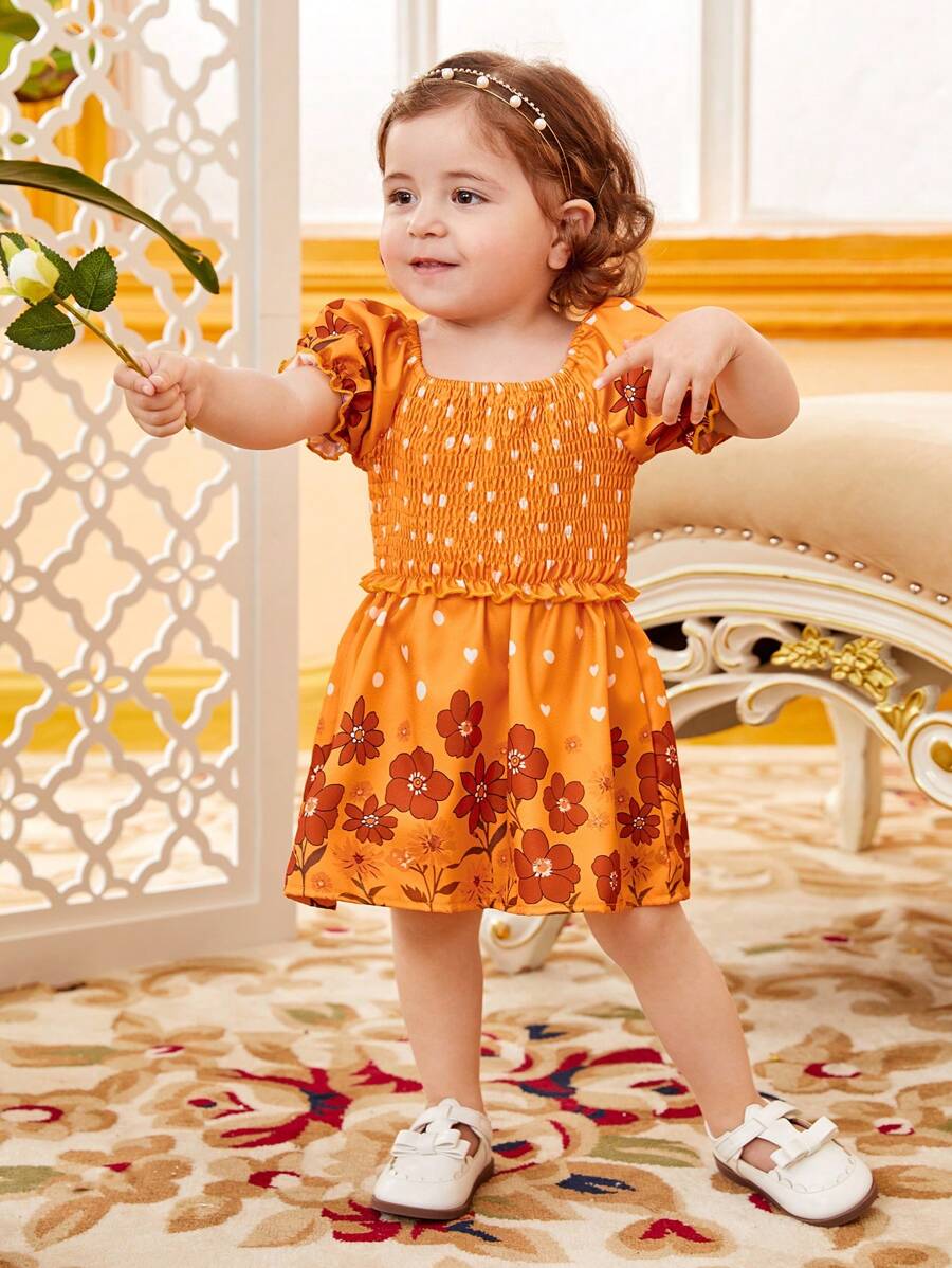 SHEIN Bộ đồ Em bé viền lá sen Dải chun Hoa Tim - Màu Mù tạt vàng - Xem 1