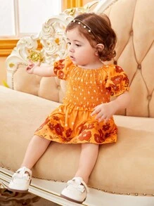 SHEIN Bộ đồ Em bé viền lá sen Dải chun Hoa Tim - Màu Mù tạt vàng - Xem 3