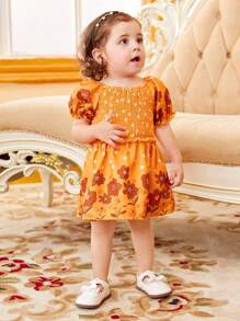 SHEIN Bộ đồ Em bé viền lá sen Dải chun Hoa Tim - Màu Mù tạt vàng - Xem 4