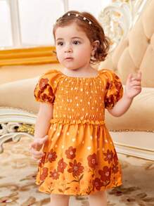 SHEIN Bộ đồ Em bé viền lá sen Dải chun Hoa Tim - Màu Mù tạt vàng - Xem 5