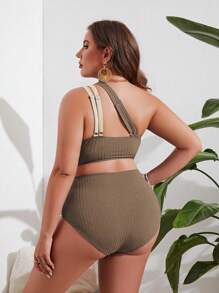 SHEIN Swim Curve 大尺碼拼色單肩比基尼套裝，夏季海灘必備 - 棕色 - 查看 2