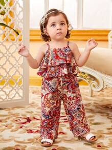 SHEIN Baby Girl Paisley Print Ruffle Hem Cami Top & Wide Leg Pants - Multicolor - View 1