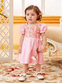 SHEIN 嬰兒捲形花紋泡泡袖洋裝 - 粉色 - 查看 3