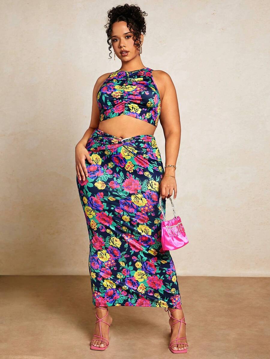 SHEIN BAE 大碼印花短款背心和鉛筆裙 - 彩色 - 查看 1