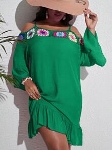 Swim Lushoire 大碼鉤針細節挖肩荷葉邊罩衫洋裝 - 綠色 - 查看 1