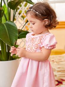 SHEIN 嬰兒捲形花紋泡泡袖洋裝 - 粉色 - 查看 6